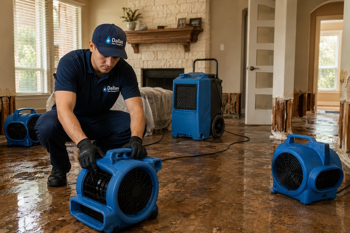 Technician placing air movers to dry a water-damaged Dallas living room