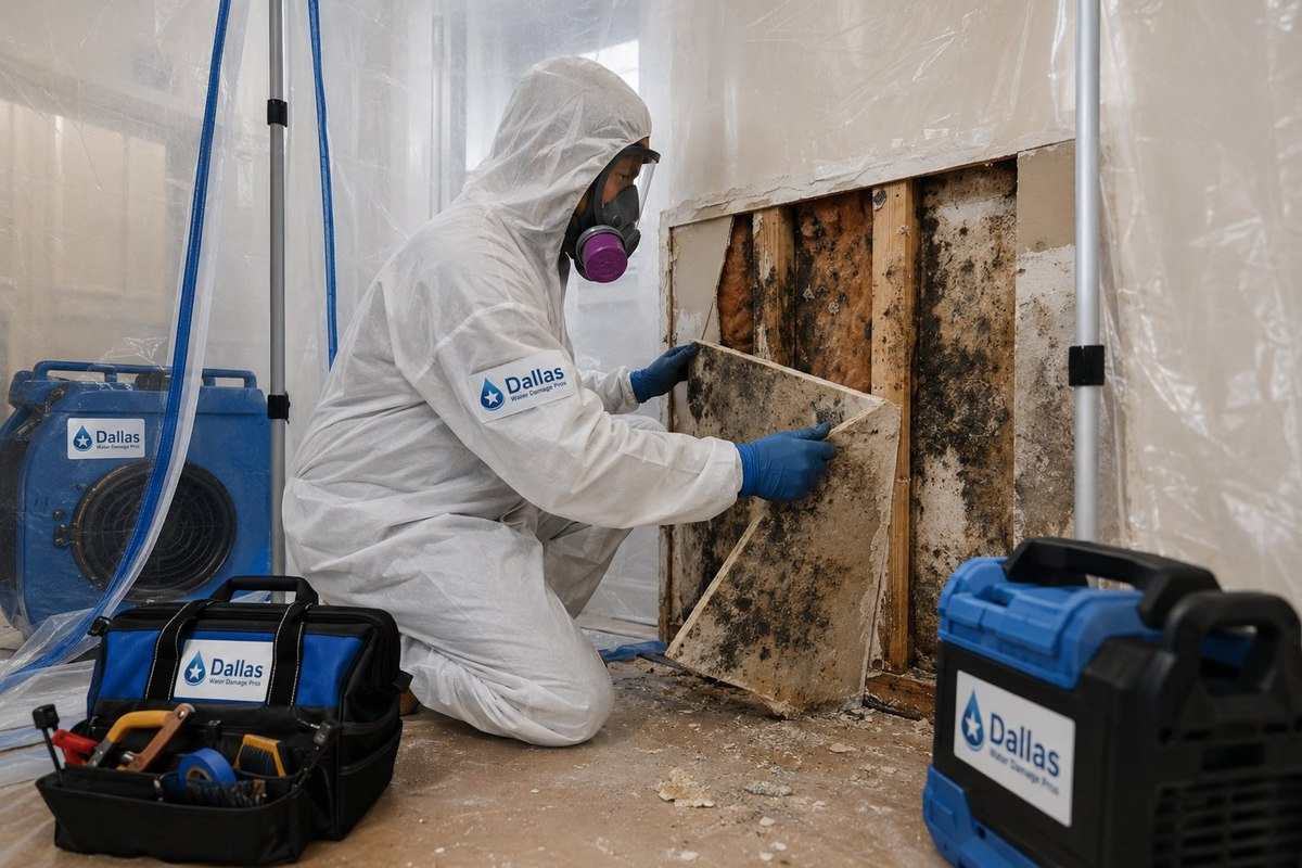 Technician in protective gear removing mold from a wall in a Dallas home